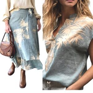 NWOT YA YA Women Asymmetric Wrap Print 💯 Cotton Skirt VNeck Blouse Set S…